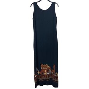 Vintage 90s Boho Safari Maxi Tank Dress, Black with Gold Brown Animal Print Dots